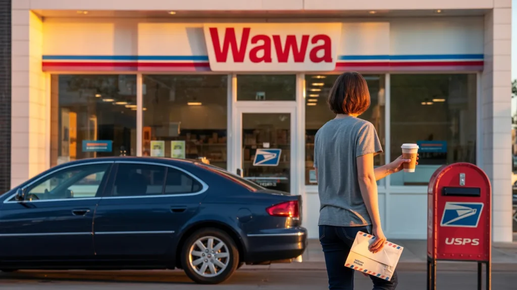 Woman holding coffee and mail walking toward Wawa store with USPS mailbox nearby