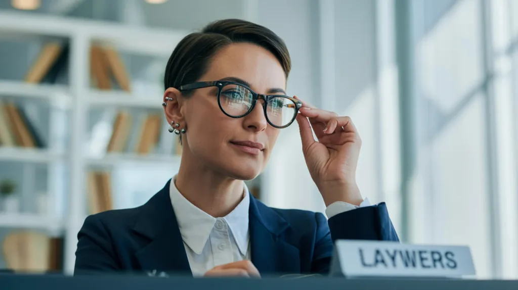 A professional female lawyer wearing glasses and multiple ear piercings, sitting at a desk with a nameplate that reads "LAYWERS," in a modern office setting
