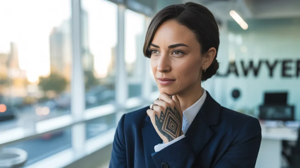 A Female Lawyer showing a tattoo on her left hand