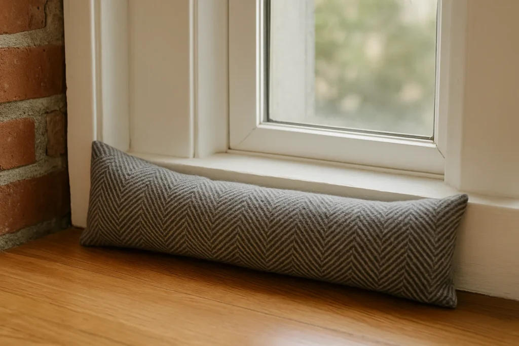 A handmade draft stopper made from repurposed furniture blanket fabric placed at the base of a window to block cold air