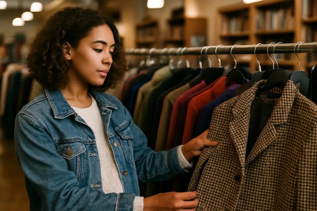 Young woman exploring thrift store racks, applying fashion cents tips for budget-friendly style
