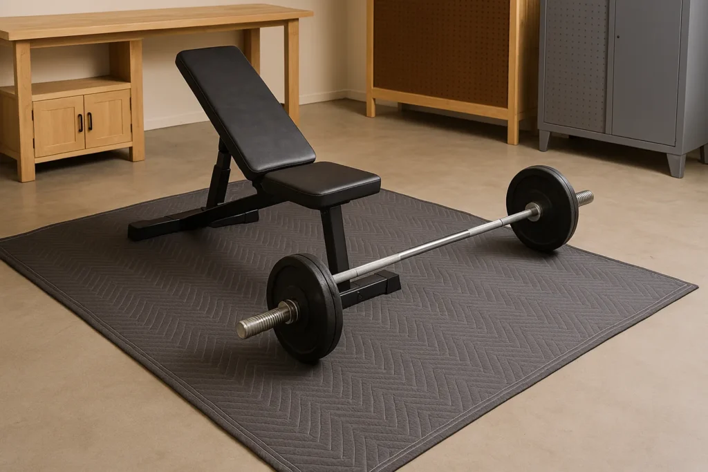 A home gym setup in a garage featuring a black adjustable weight bench and barbell placed on a quilted furniture blanket repurposed as a protective floor mat