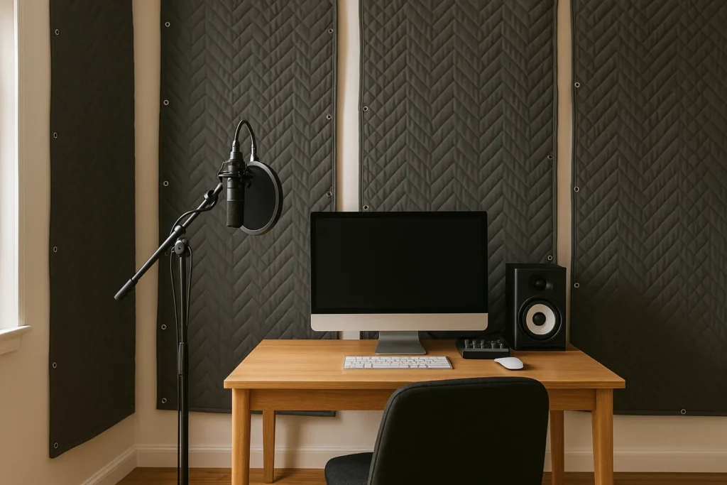 A budget-friendly home recording studio with dark gray furniture blankets used as soundproofing panels on the walls, featuring a computer, microphone, and speaker setup
